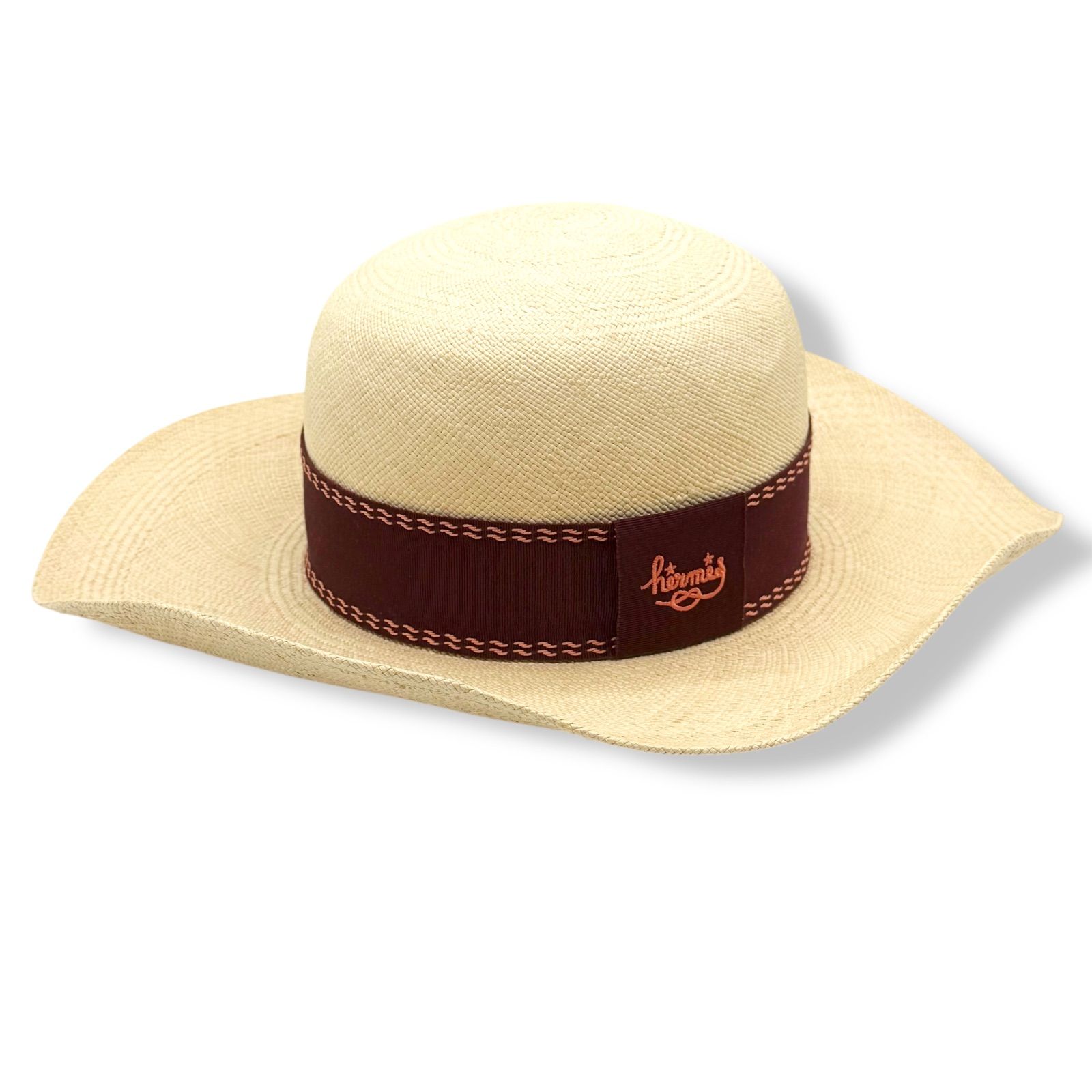 使用わずか エルメス ストローハット 麦わら帽子 トリニダード リボン