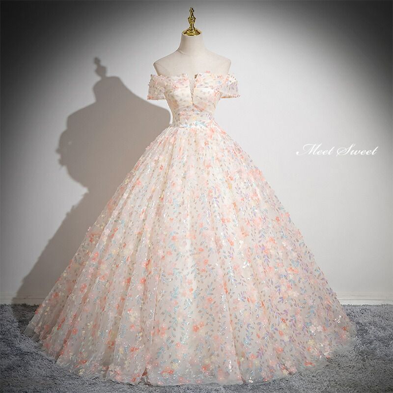 ドレス プリンセスライン ロングドレス ピンク 花柄 オフショルダー ウェディングドレス 結婚式 二次会 花嫁 前撮り 演奏会 発表会 ステージ衣装