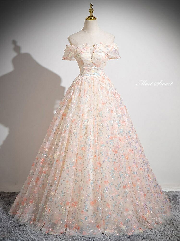 ドレス プリンセスライン ロングドレス ピンク 花柄 オフショルダー ウェディングドレス 結婚式 二次会 花嫁 前撮り 演奏会 発表会 ステージ衣装