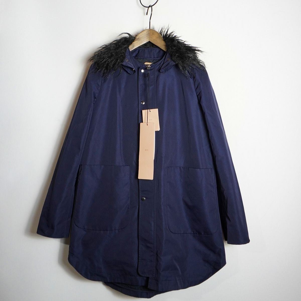 正規 N°21 ヌメロ ヴァントゥーノ テクニカル ナイロン ロング コート ライナー付き イタリア製 ファー 黒 紺 サイズ40 310 P
