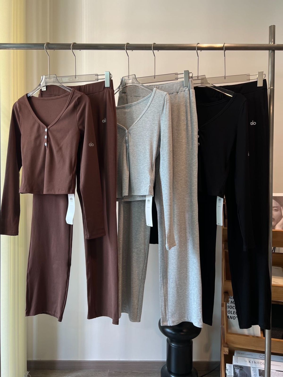 リブ編みロングスリーブセットアップ 快適ヨガトレーニングウェア