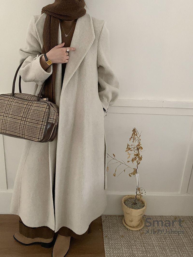  ウールコート レディース ミドル丈 Aライン ダブルフェイス ウエストシェイプ エレガント 防寒 冬 アウター M 251220-4 ロングコート ジャケット アウター