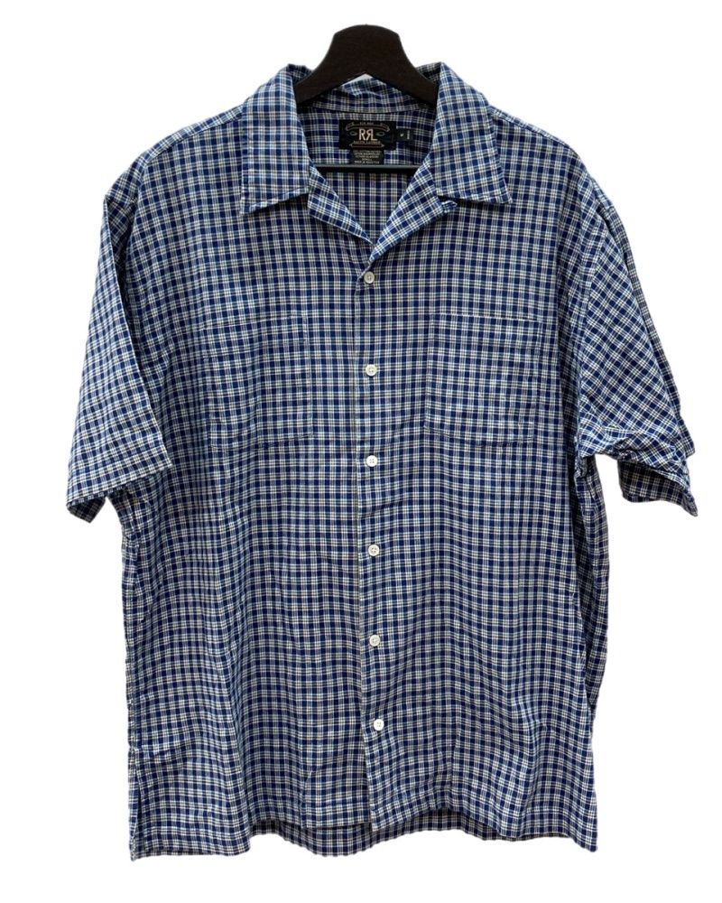 ダブルアールエル RRL 90’s Short Sleeve Shirt 半袖 シャツ 三ツ星タグ チェック柄 オープン 青 半袖シャツ チェック ブルー Mサイズ 104 MT 2424