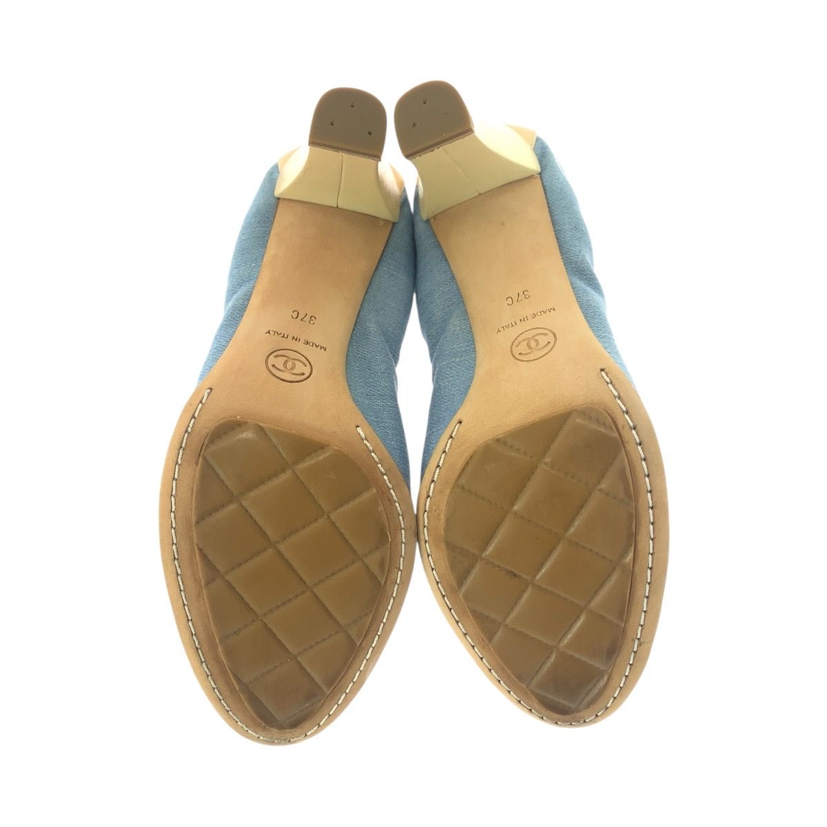 CHANEL パンプス デニム ヒール ココマーク 37 美品 CHANEL シャネル ココマーク サイズ37C ブルー デニム ベージュ