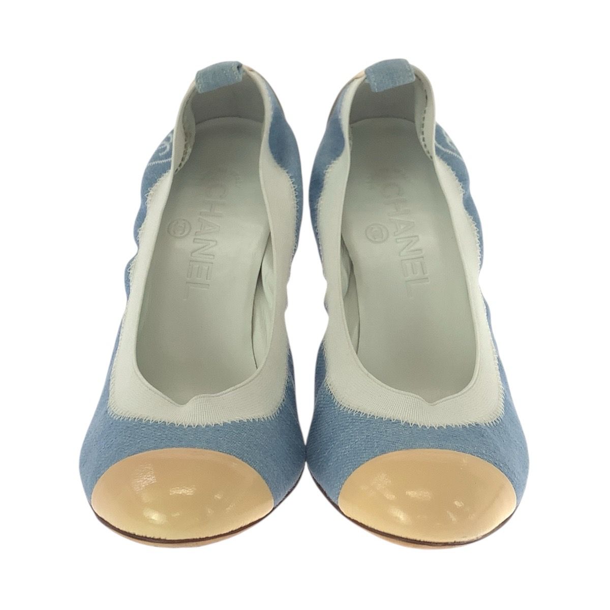 CHANEL パンプス デニム ヒール ココマーク 37 美品 CHANEL シャネル ココマーク サイズ37C ブルー デニム ベージュ