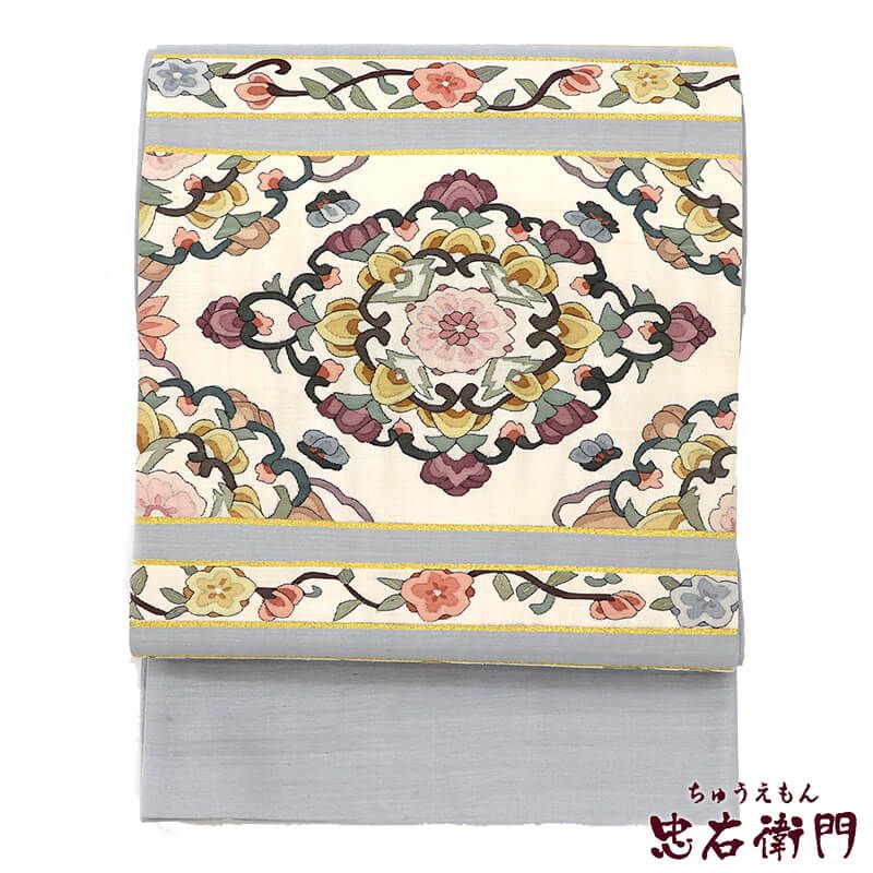 袋帯 明綴れ風 正絹 お太鼓柄 グレー 華文 長さ443 cm 幅30.5 和装 着物 仕立て上がりリサイクル帯