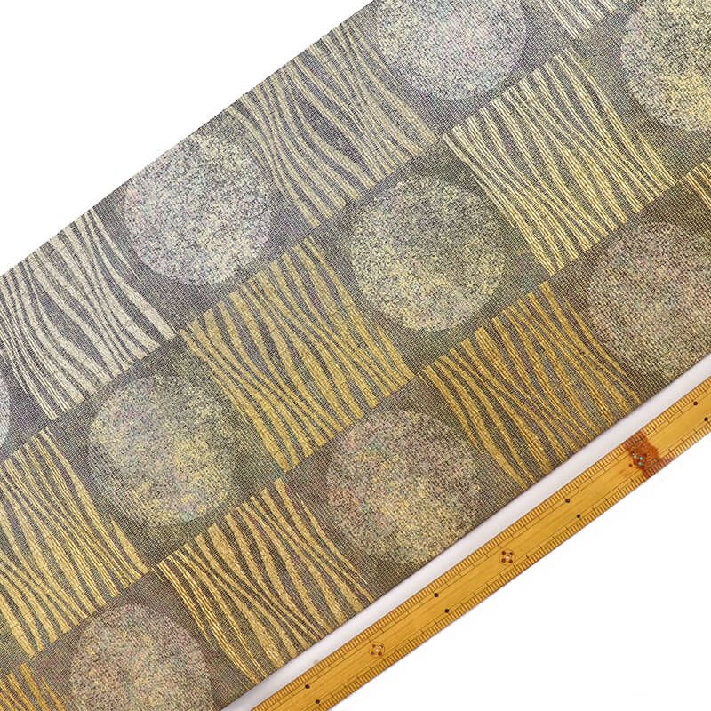 袋帯 おしゃれ袋帯 洒落用 正絹 六通柄 金茶 銀 市松柄 円 長さ446 cm 幅31 和装 おしゃれ着向き 着物 仕立て上がり