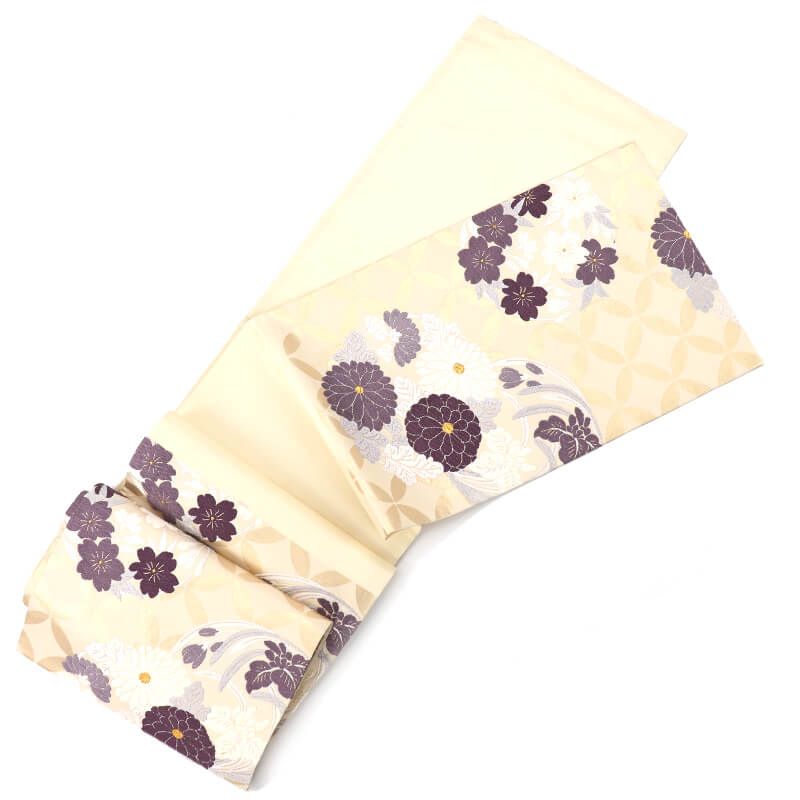  袋帯 唐織 正絹 六通柄 白 菊 桜 七宝 長さ426 cm 幅31 和装 着物 仕立て上がりリサイクル帯 袋帯 帯