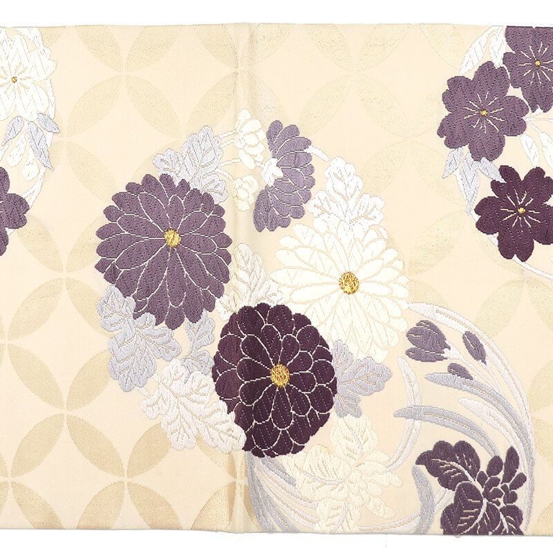袋帯 唐織 正絹 六通柄 白 菊 桜 七宝 長さ426cm 幅31cm 和装 着物