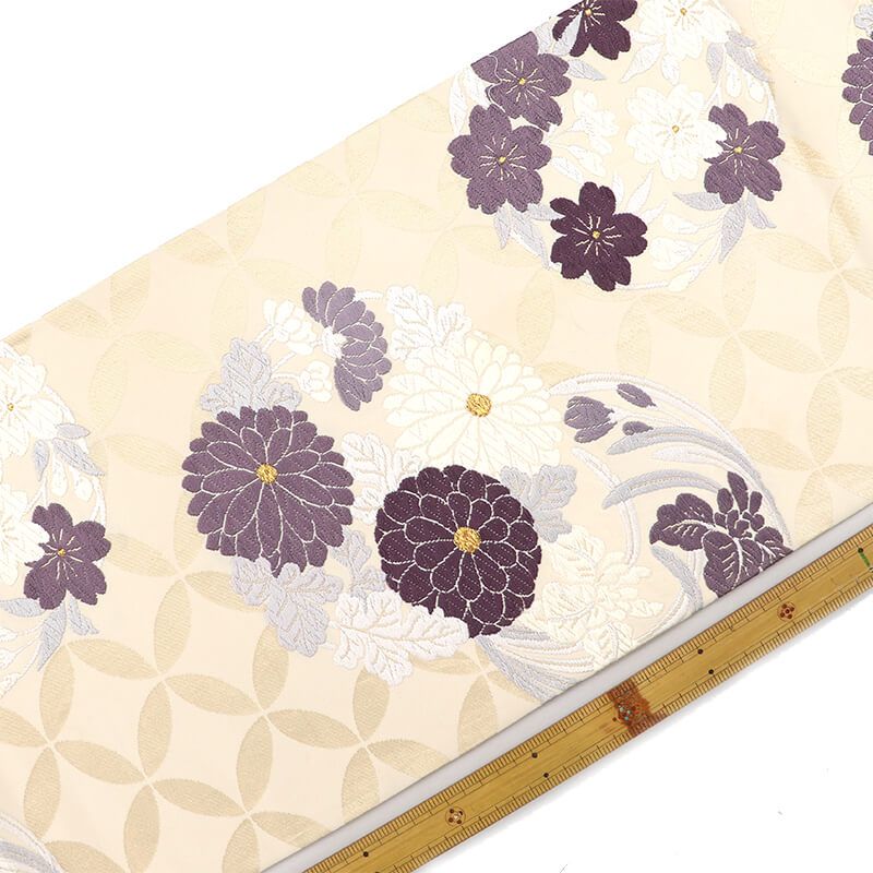 袋帯 唐織 正絹 六通柄 白 菊 桜 七宝 長さ426cm 幅31cm 和装 着物