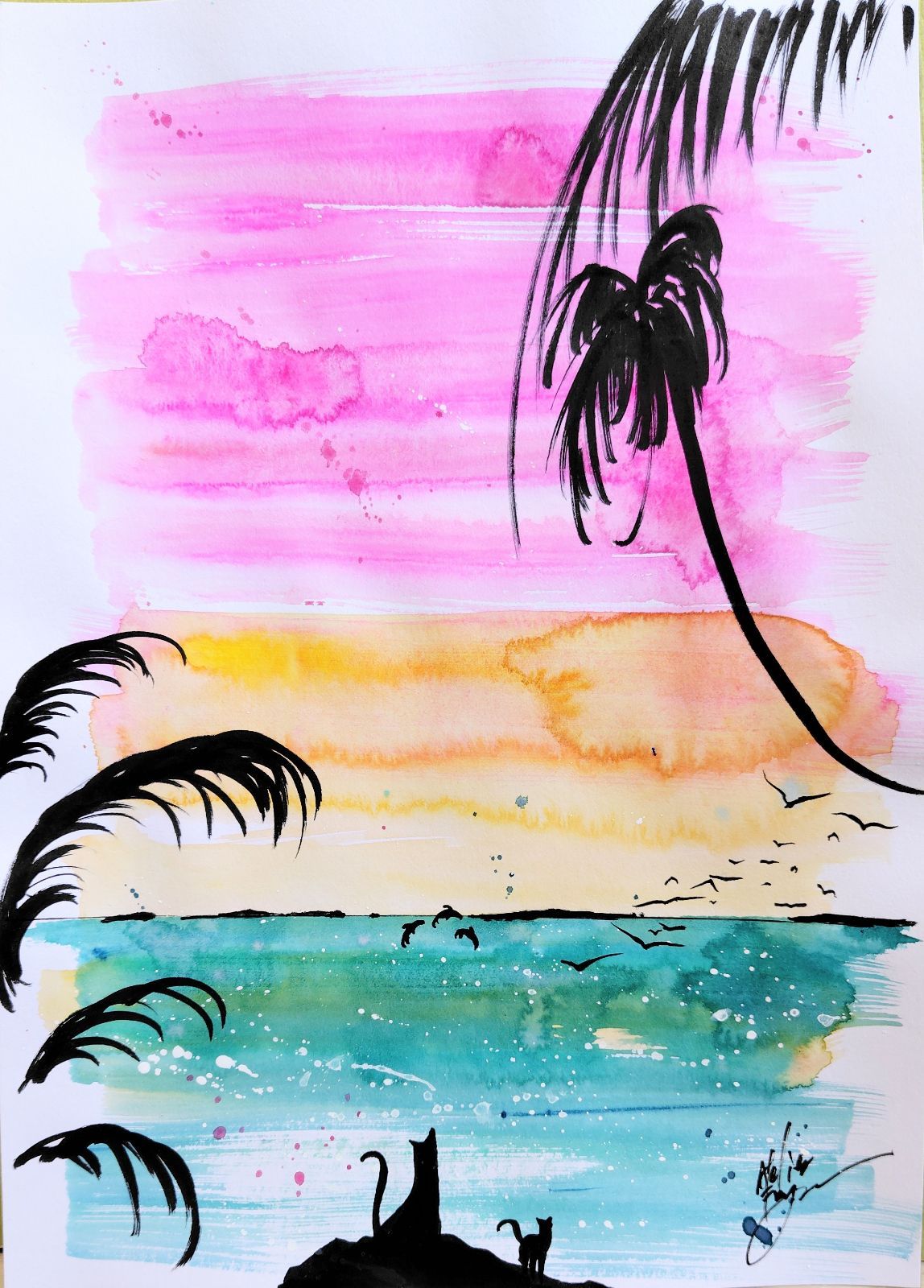 原画#82 黒猫 ハワイ 海 水彩画 ドローイング インテリア アート