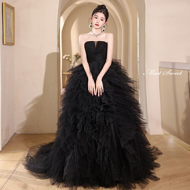 ドレス プリンセスライン ブラック 黒 フリル ベアトップ ロングドレス ウェディングドレス ウエディングドレス 結婚式 花嫁 前撮り 発表会 パーティードレス ブライダル フォトウェディン 演奏会 ステージ衣装 イブニングドレス コンサート 上品