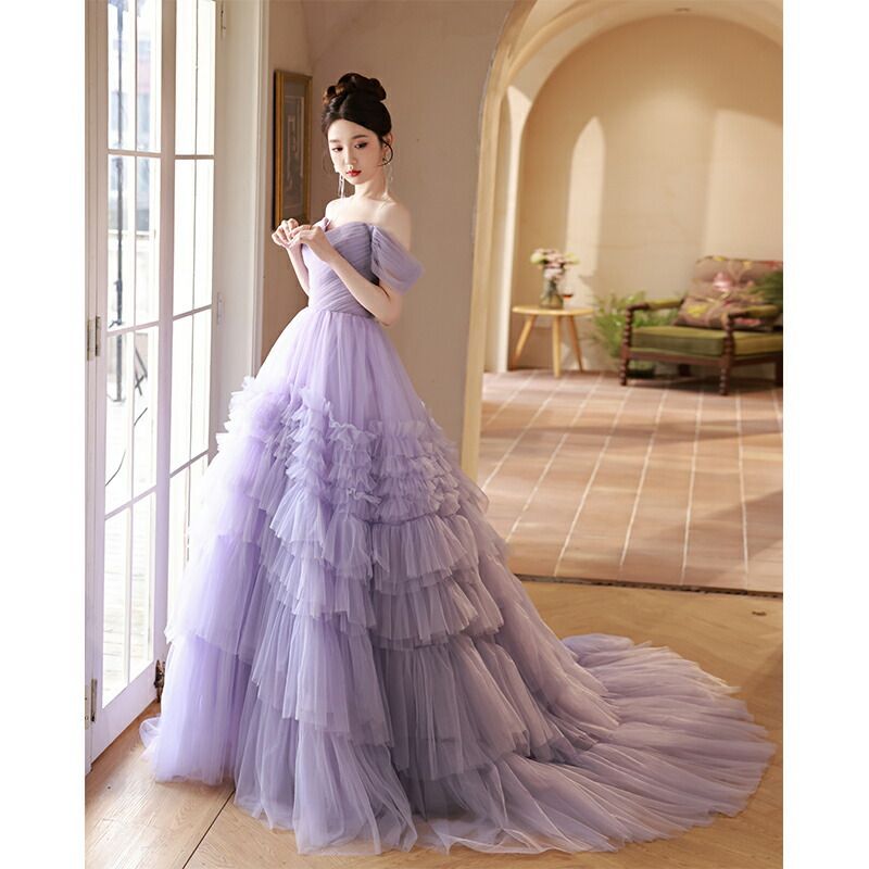 カラードレス プリンセスライン パープル フリル 紫 オフショルダー