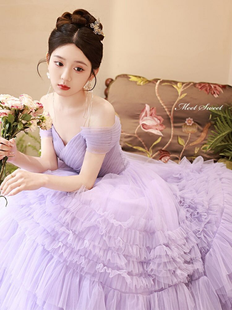 カラードレス プリンセスライン パープル フリル 紫 オフショルダー