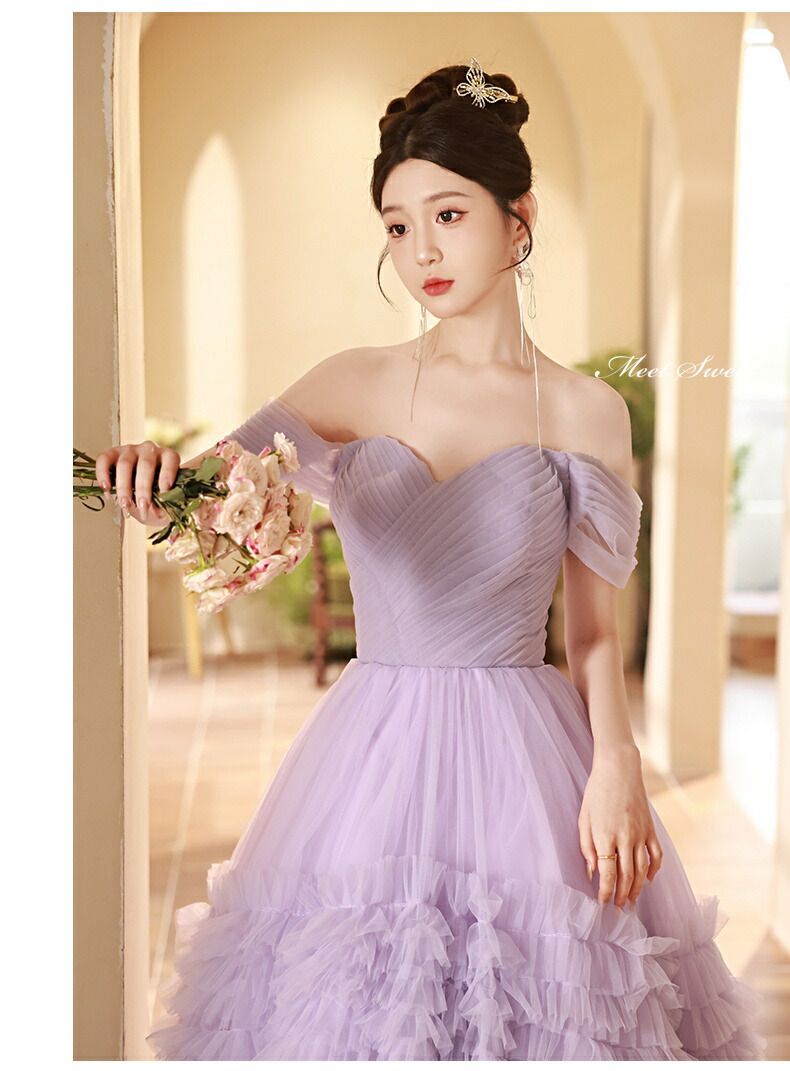  ドレス プリンセスライン パープル フリル 紫 オフショルダー ロングドレス ウェディングドレス ウエディングドレス 結婚式 二次会 花嫁 前撮り 発表会 パーティードレス ブライダル フォトウェディン 演奏会 パーティードレス ドレス ブライダル