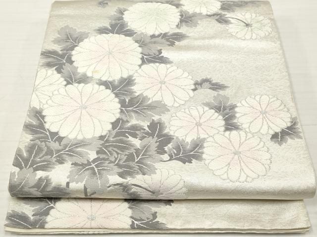 5k2806 袋帯　絹　乱菊　銀色　白　花柄　和装　着物 平和屋着物◎六通柄袋帯 唐織 草花文 菊 銀糸 正絹 逸品 DABA3127qa