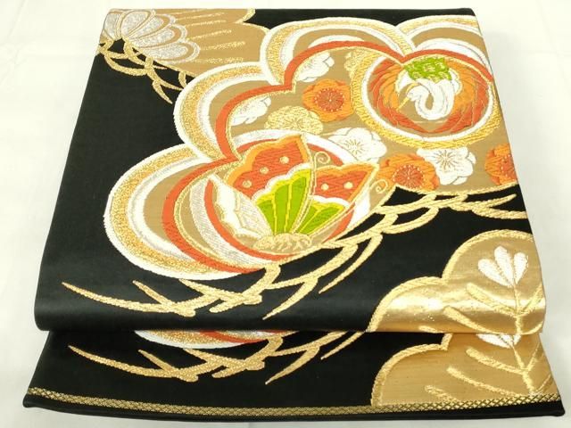 平和屋着物□六通柄袋帯 変わり市松樹林文 黒地 金銀糸 逸品