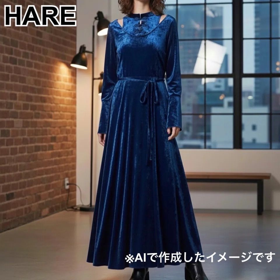 HARE ベロアチャイナワンピース　ネイビー 美品 ハレ HARE ベロアチャイナワンピース ロング ベルベット Aライン