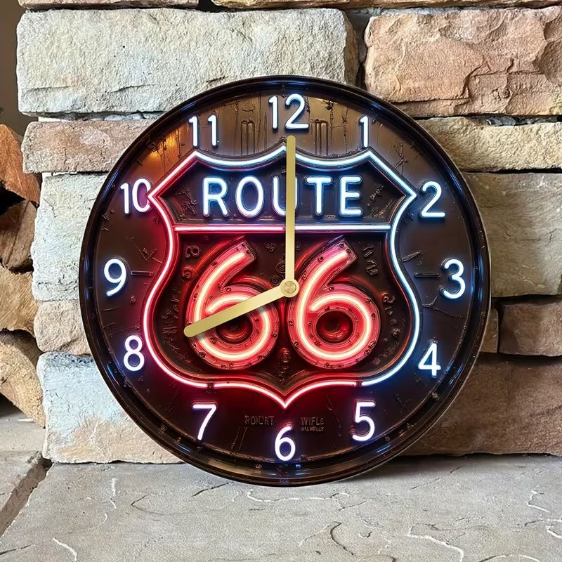 壁掛け時計ルート66ネオンスタイルのサイレント - 20.32x20.32cm