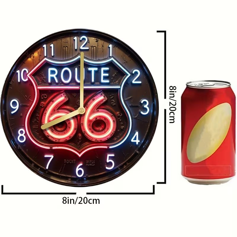 壁掛け時計ルート66ネオンスタイルのサイレント - 20.32x20.32cm