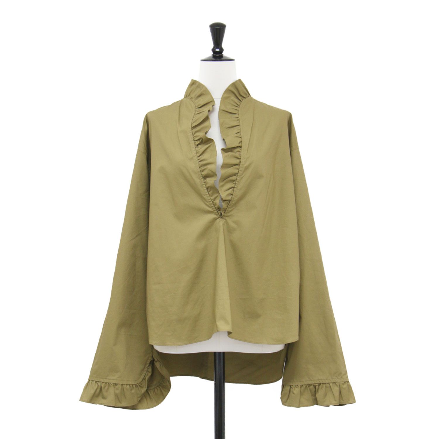 LOEFF ロエフ シャツ カーキ サイズ 0 S 25秋冬 フリル スキッパー ブラウス 長袖 Vネック フ スリーブ コットン トップス レディース