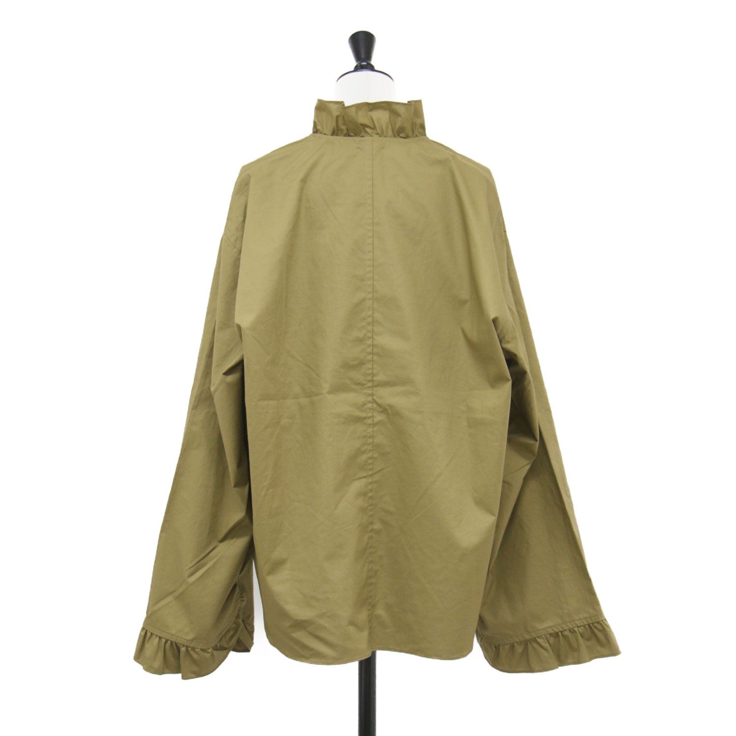 LOEFF ロエフ シャツ カーキ サイズ 0 S 25秋冬 フリル スキッパー ブラウス 長袖 Vネック フ スリーブ コットン トップス レディース