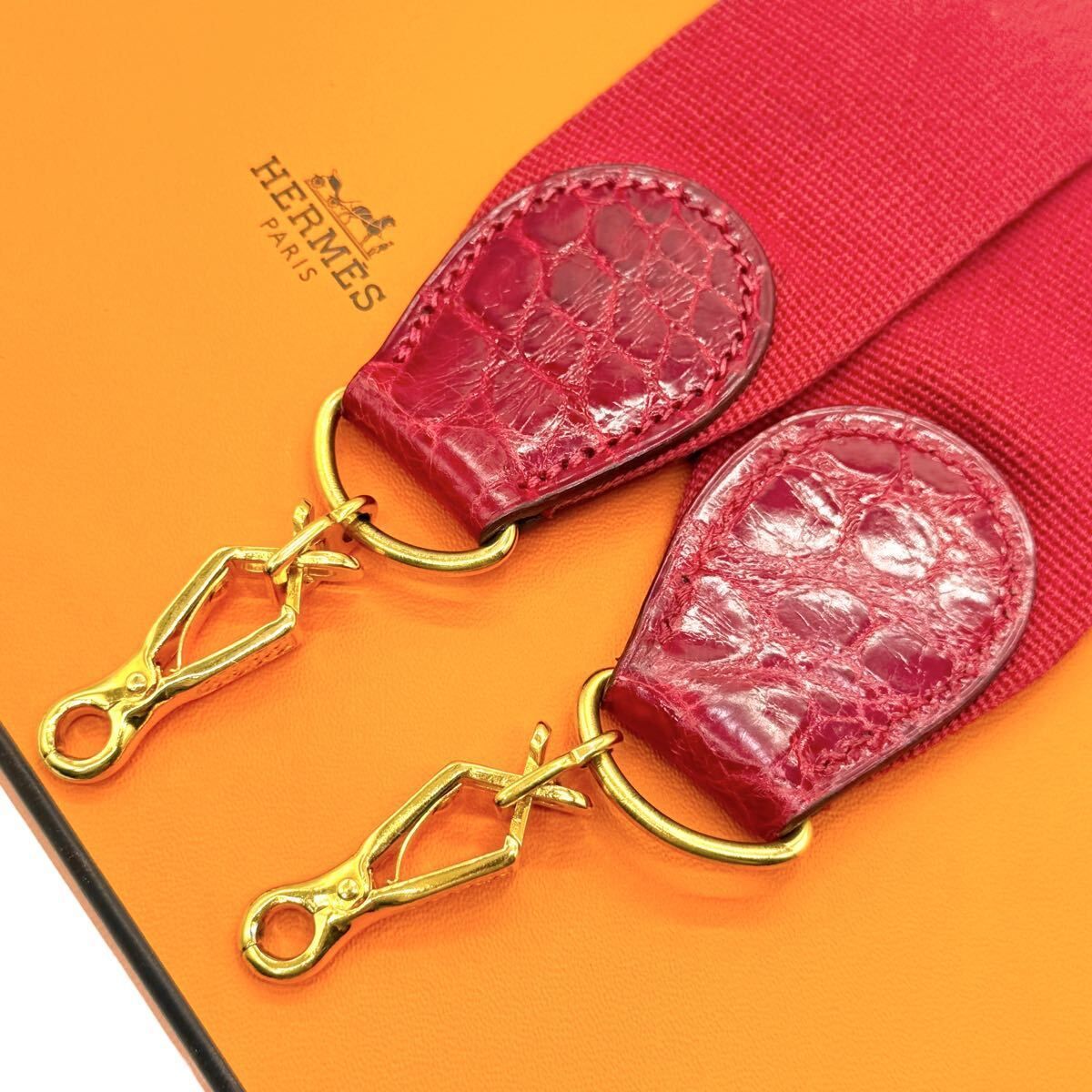 エルメス HERMES ショルダーストラップ アリゲーター クロコダイル レッド バンドリエール 105 cm 50 mm cw 10