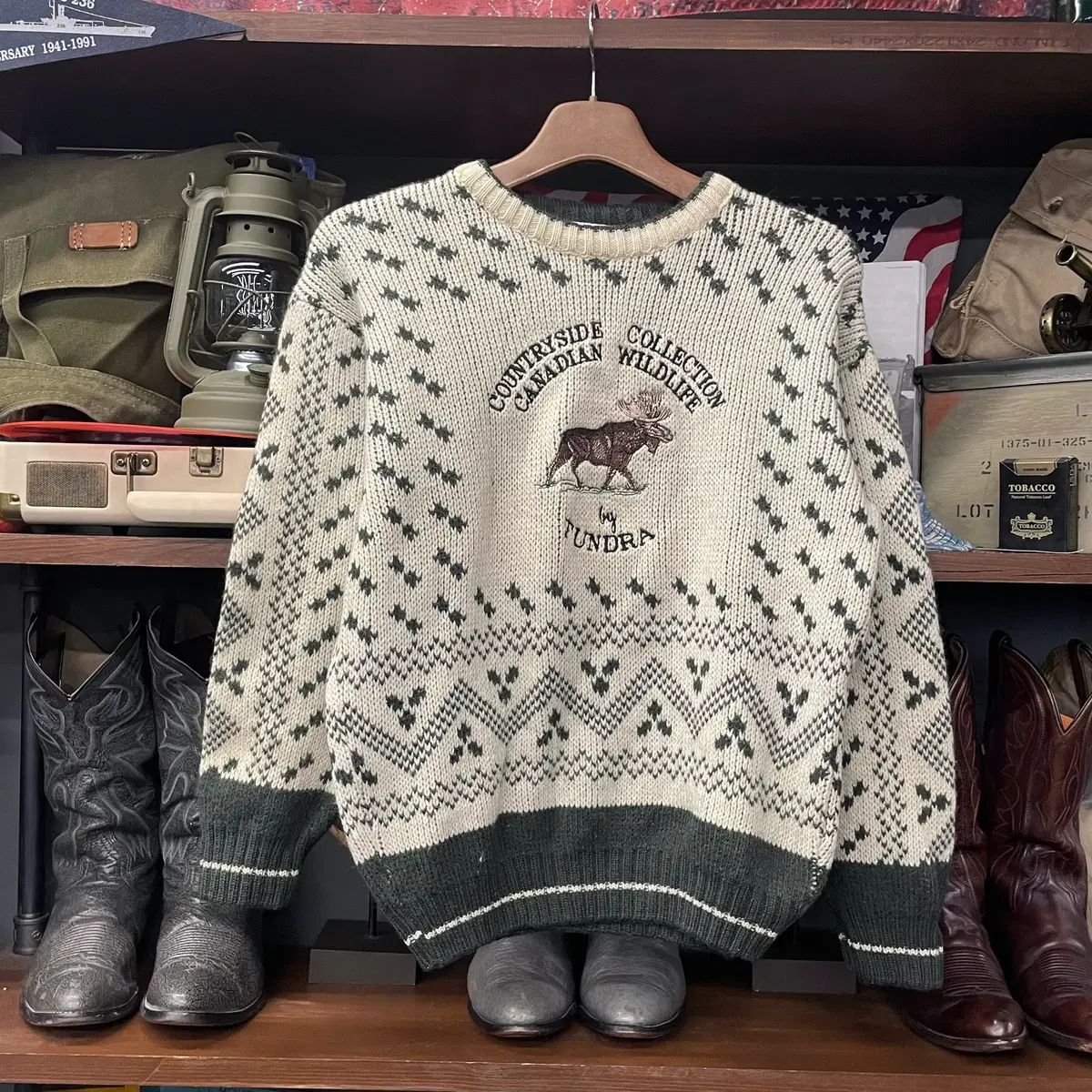 90s カナダ 툰드라 ヘビー ウール トナカイ パータン クロップド ニット セーター N206