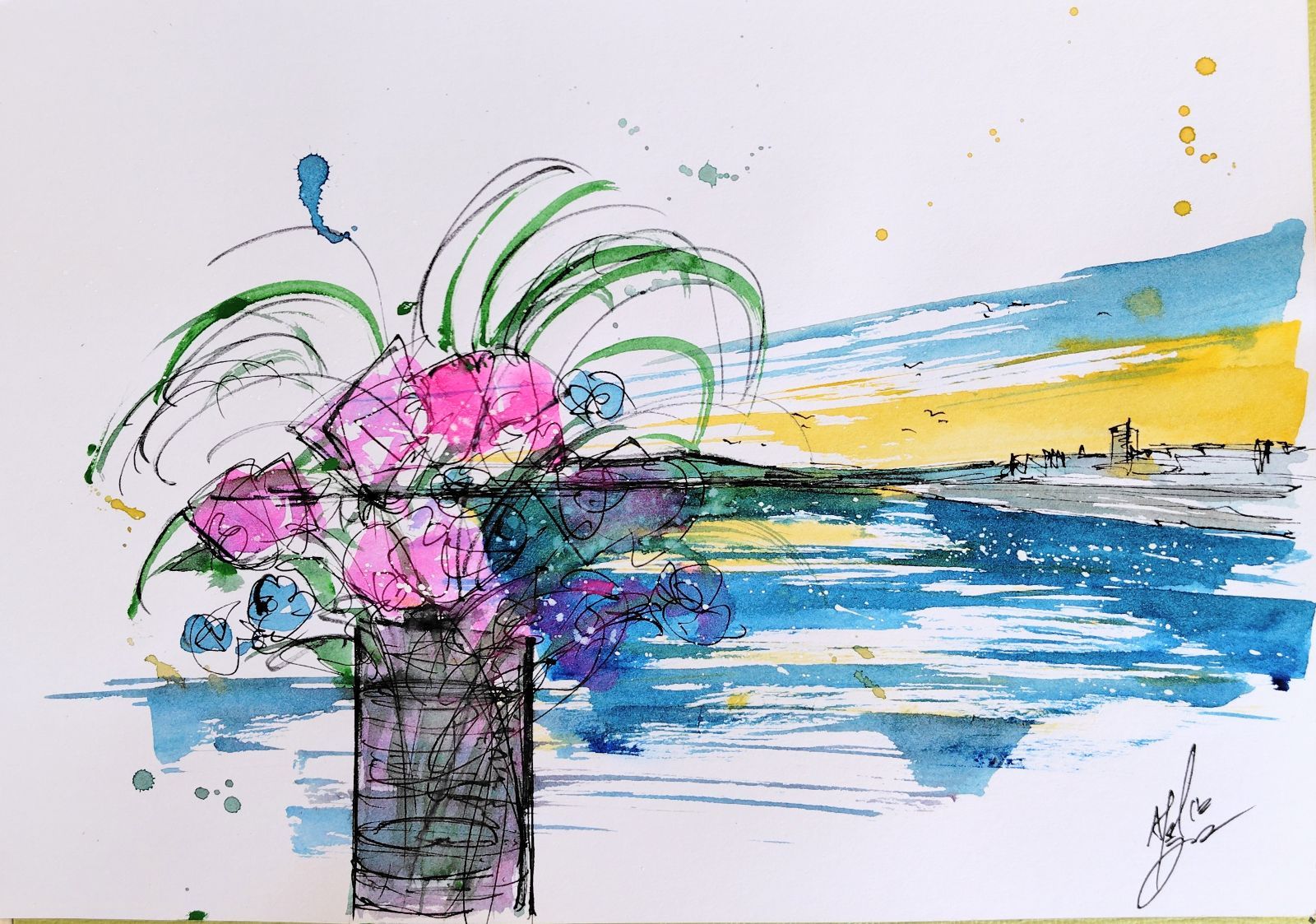 原画#83 花 海 サンタモニカ アメリカ 水彩画 ドローイング インテリア