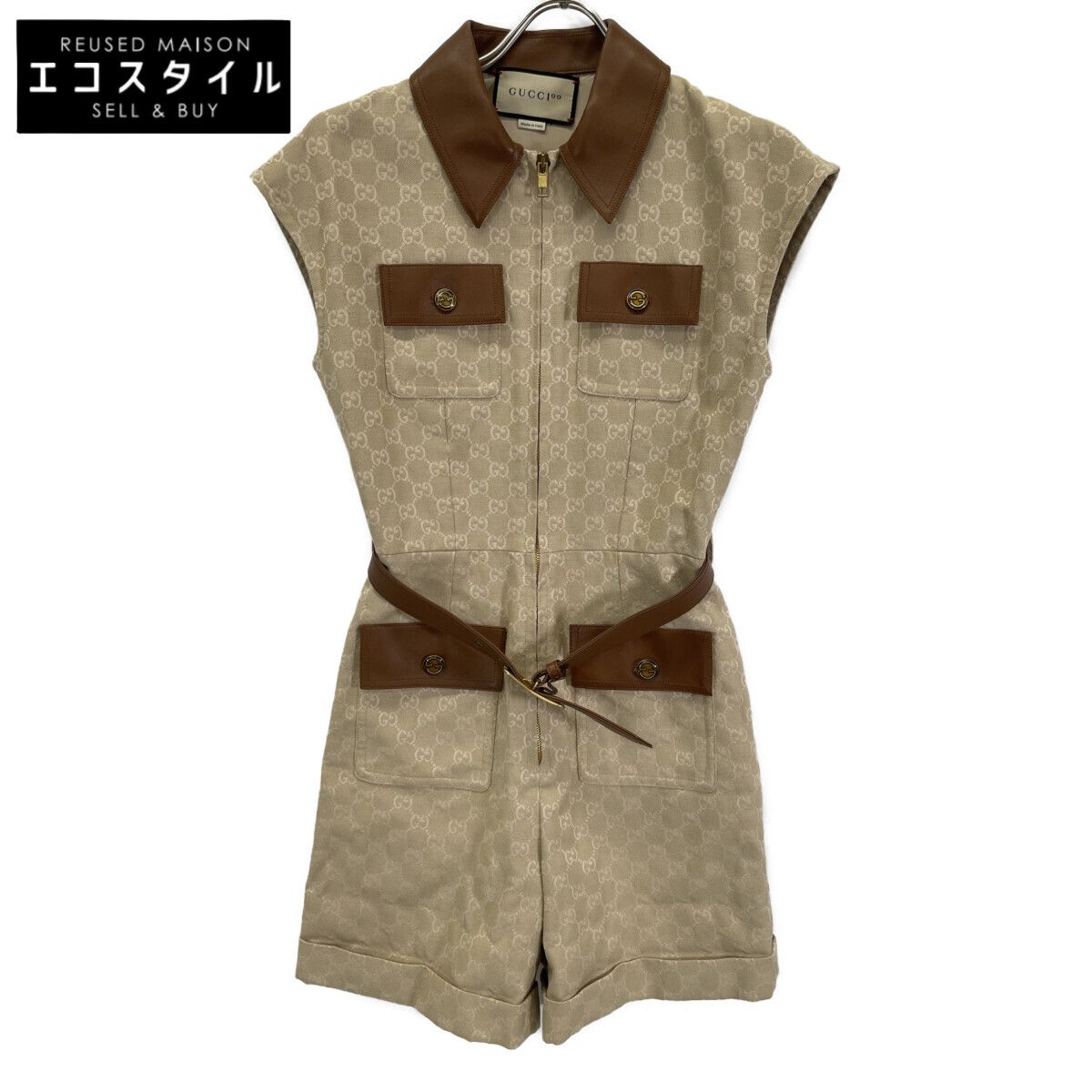 GUCCI グッチ 676198 ﾍﾞｰｼﾞｭ GG柄 ｺｯﾄﾝ ｵｰﾙｲﾝﾜﾝ ﾍﾞﾙﾄ付き 40