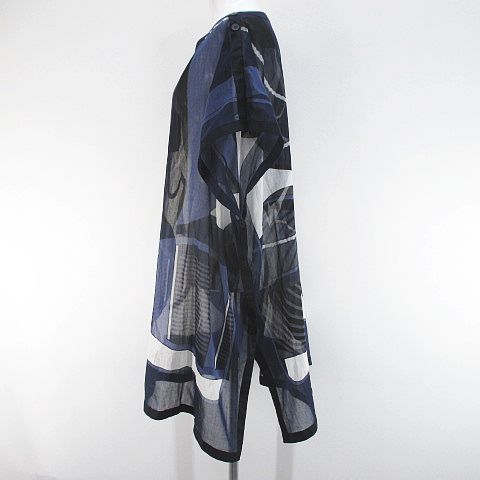  エルメス HERMES タラッサ ボート柄 シアー チュニック 半袖 38 紺系 ネイビー 総柄 スリット サイドボタン フランス製 半袖 チュニック