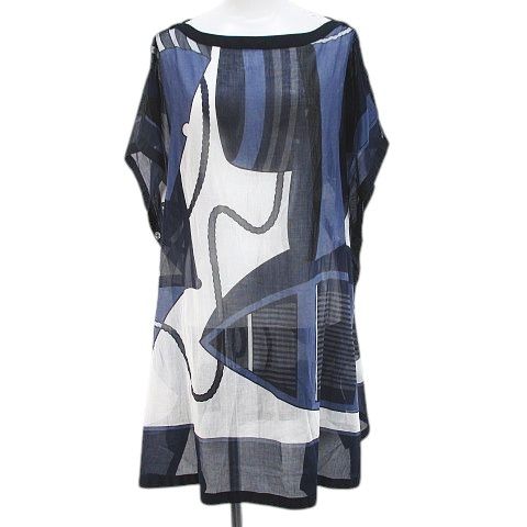 エルメス HERMES タラッサ ボート柄 シアー チュニック 半袖 38 紺系 ネイビー 総柄 スリット サイドボタン フランス製