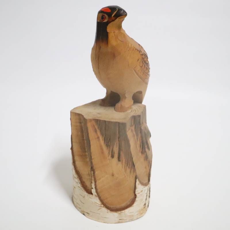 雷鳥 木彫り 白樺台座 置物 オス 民芸品 木製彫刻 鳥の彫刻 工芸品