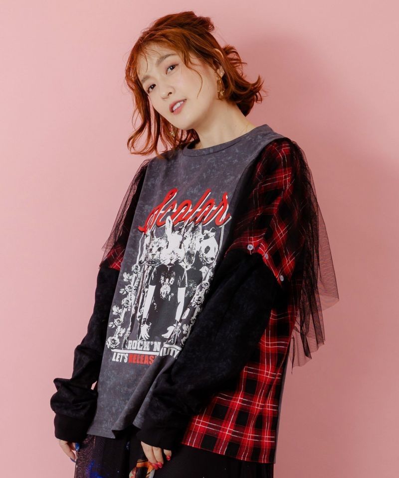 ScoLar ス ロックなアニマル柄 異素材切替2 WAYロンT チャコールグレー ブラック 153633