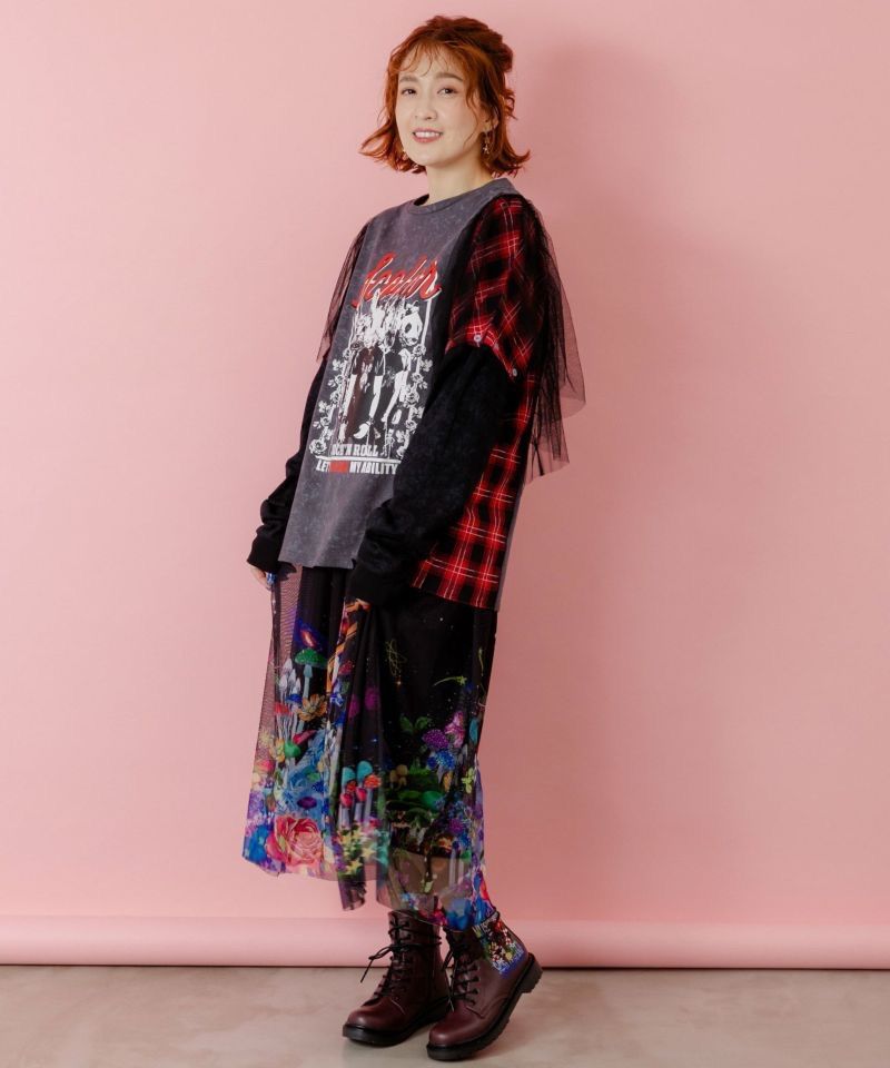 ScoLar ス ロックなアニマル柄 異素材切替2 WAYロンT チャコールグレー ブラック 153633