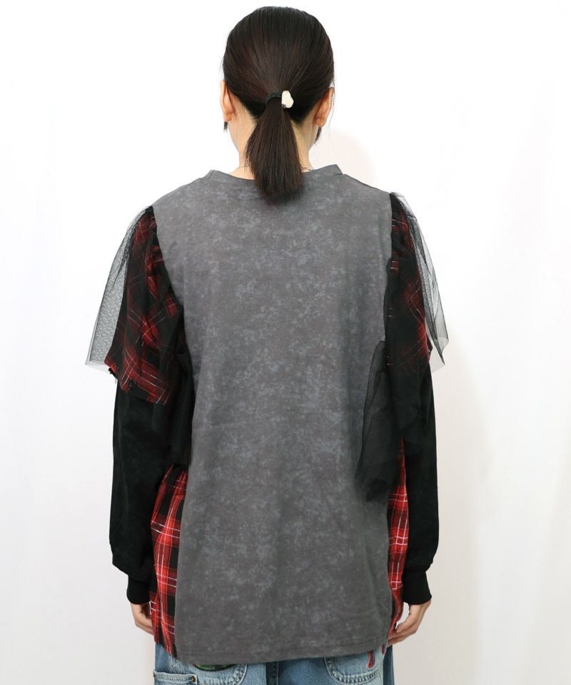  ScoLar ス ロックなアニマル柄 異素材切替2 WAYロンT チャコールグレー ブラック 153633 長袖 Tシャツ カットソー