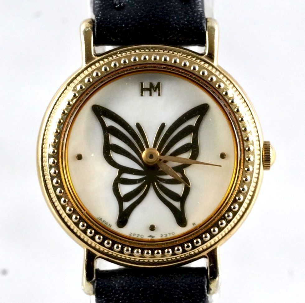  電池交換済 HANAE MORI ハナエ モリ ladies quartz wacth 腕時計 レディース ゴールド ラウンド シェル文字盤 蝶 ベルト 稼働品 腕時計(クォーツ) 腕時計(アナログ)
