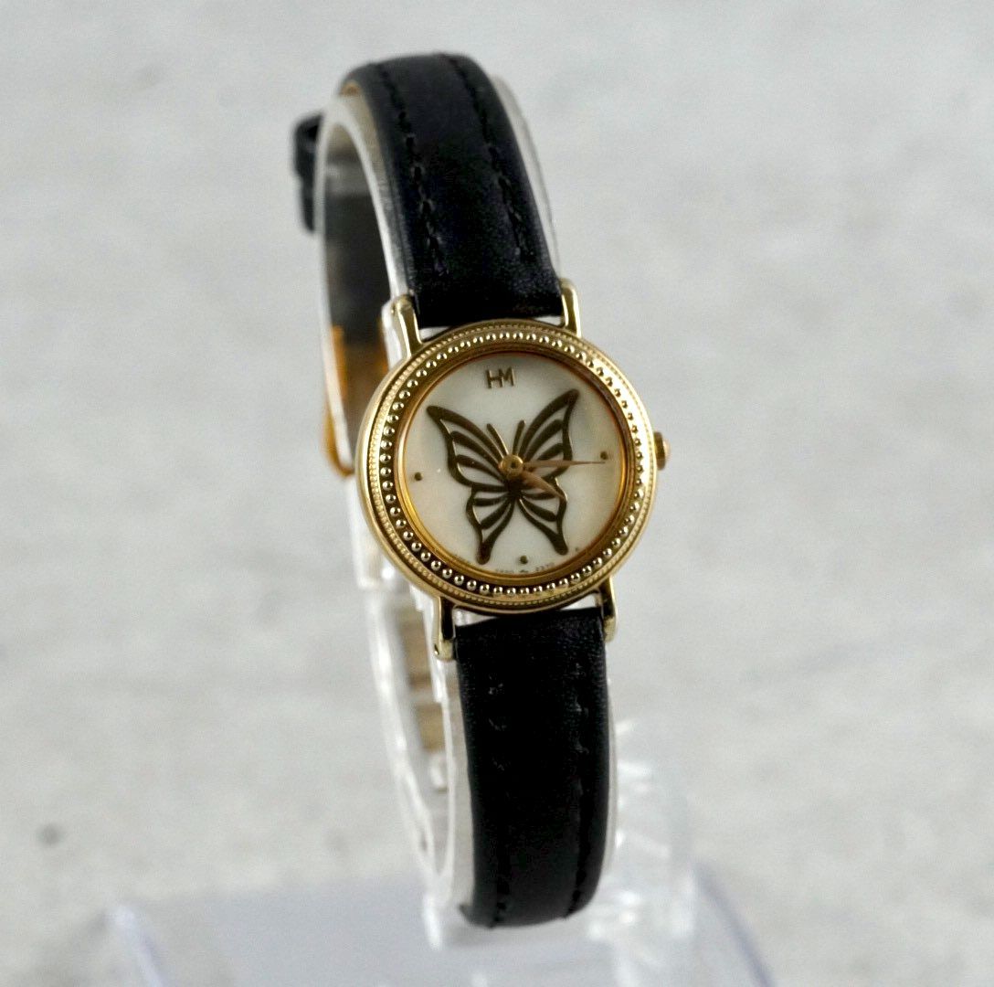電池交換済 HANAE MORI ハナエ モリ ladies quartz wacth 腕時計 レディース ゴールド ラウンド シェル文字盤 蝶 ベルト 稼働品