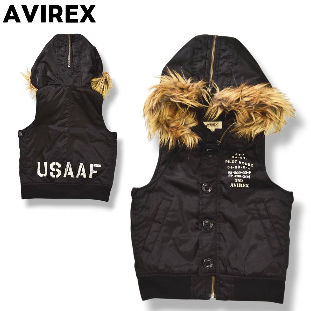 アヴィレックス AVIREX ミリタリー フライトベスト 中綿入り 秋冬 フードファー 普段使い アメカジ 120 ブラック キッズ ジュニア ベビー 子供服