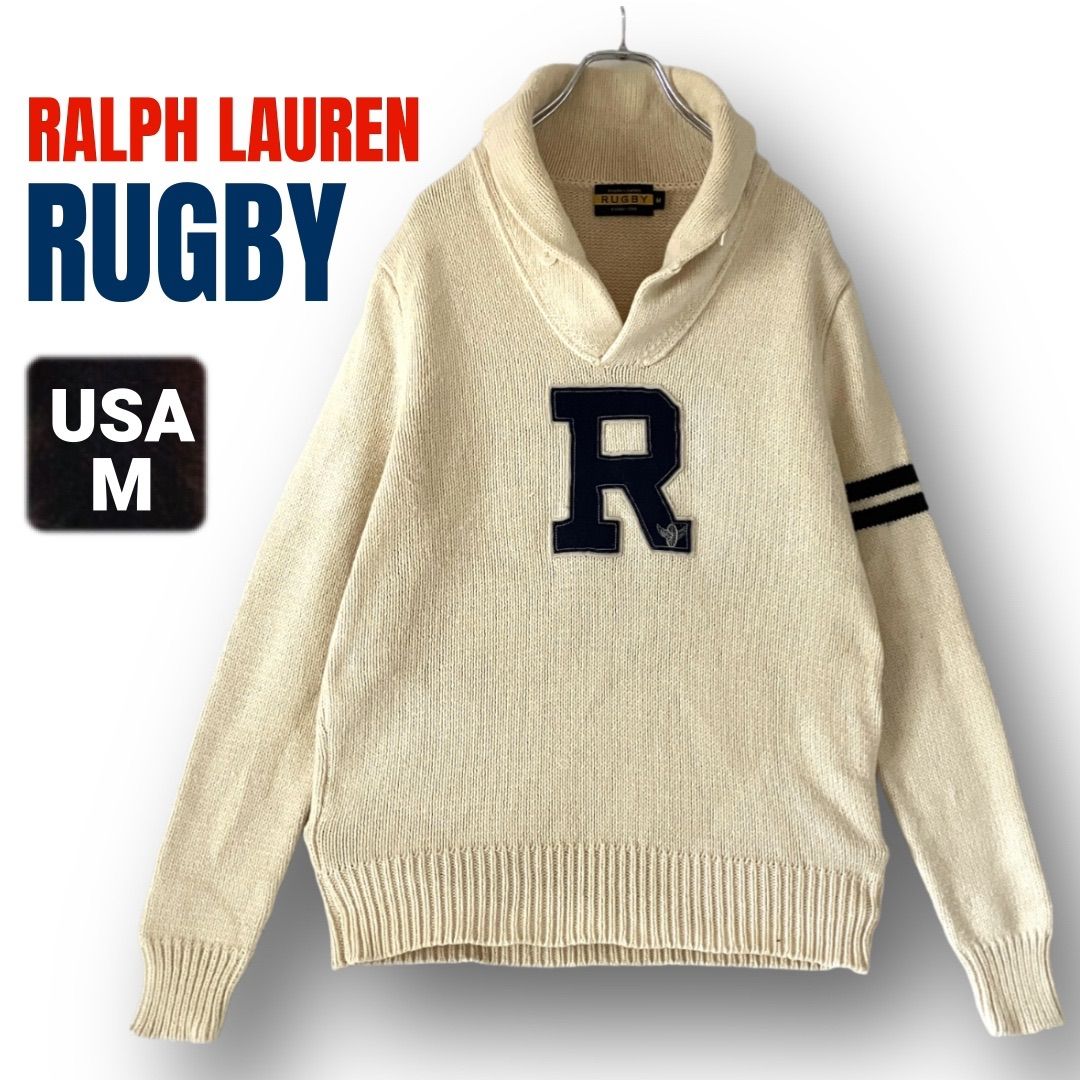 【美品】RUGBY ラグビー RALPH LAURENラルフローレン ニット M ラルフローレン ラグビー☆ショールカラー レターセーター☆コットン