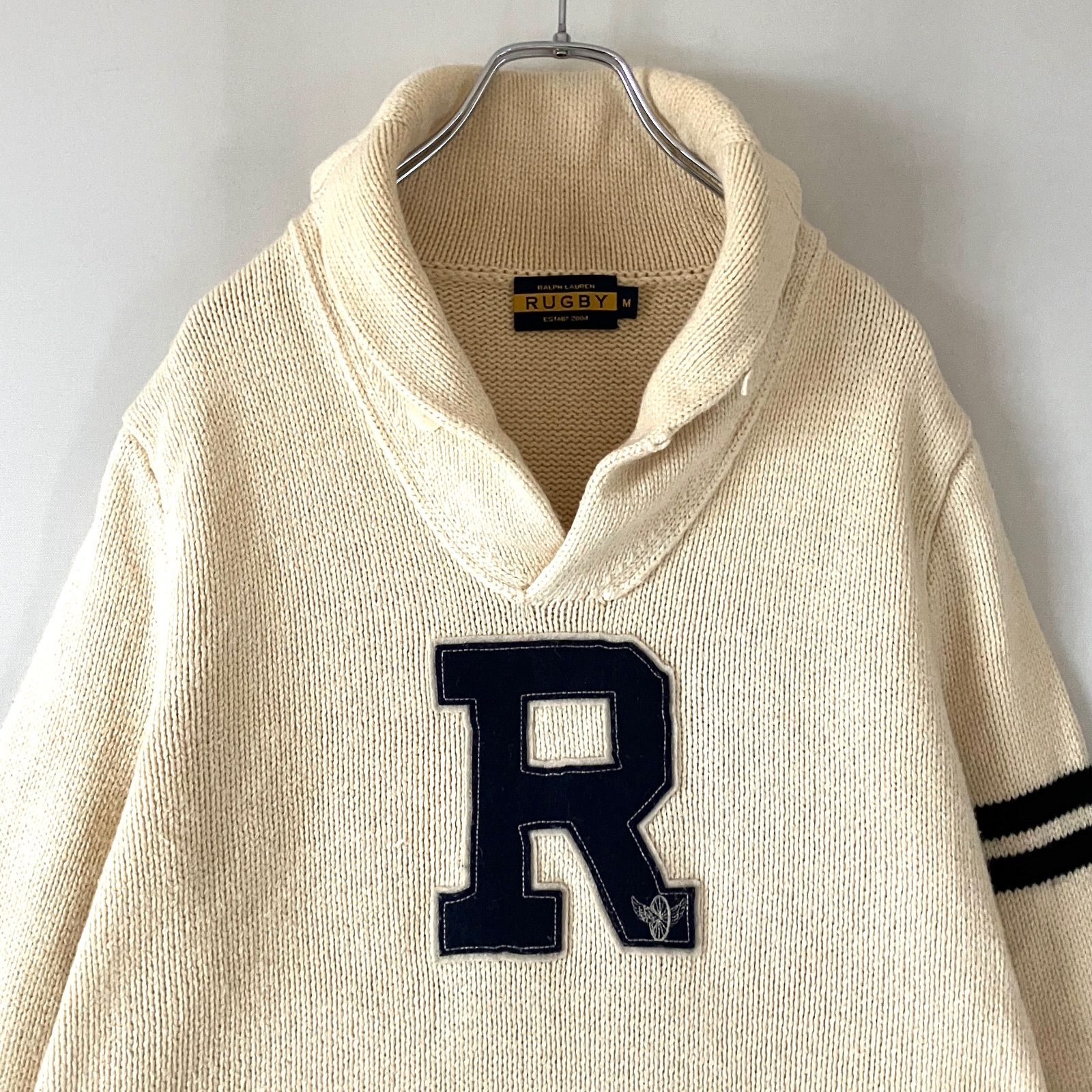 【美品】RUGBY ラグビー RALPH LAURENラルフローレン ニット M ラルフローレン ラグビー☆ショールカラー レターセーター☆コットン