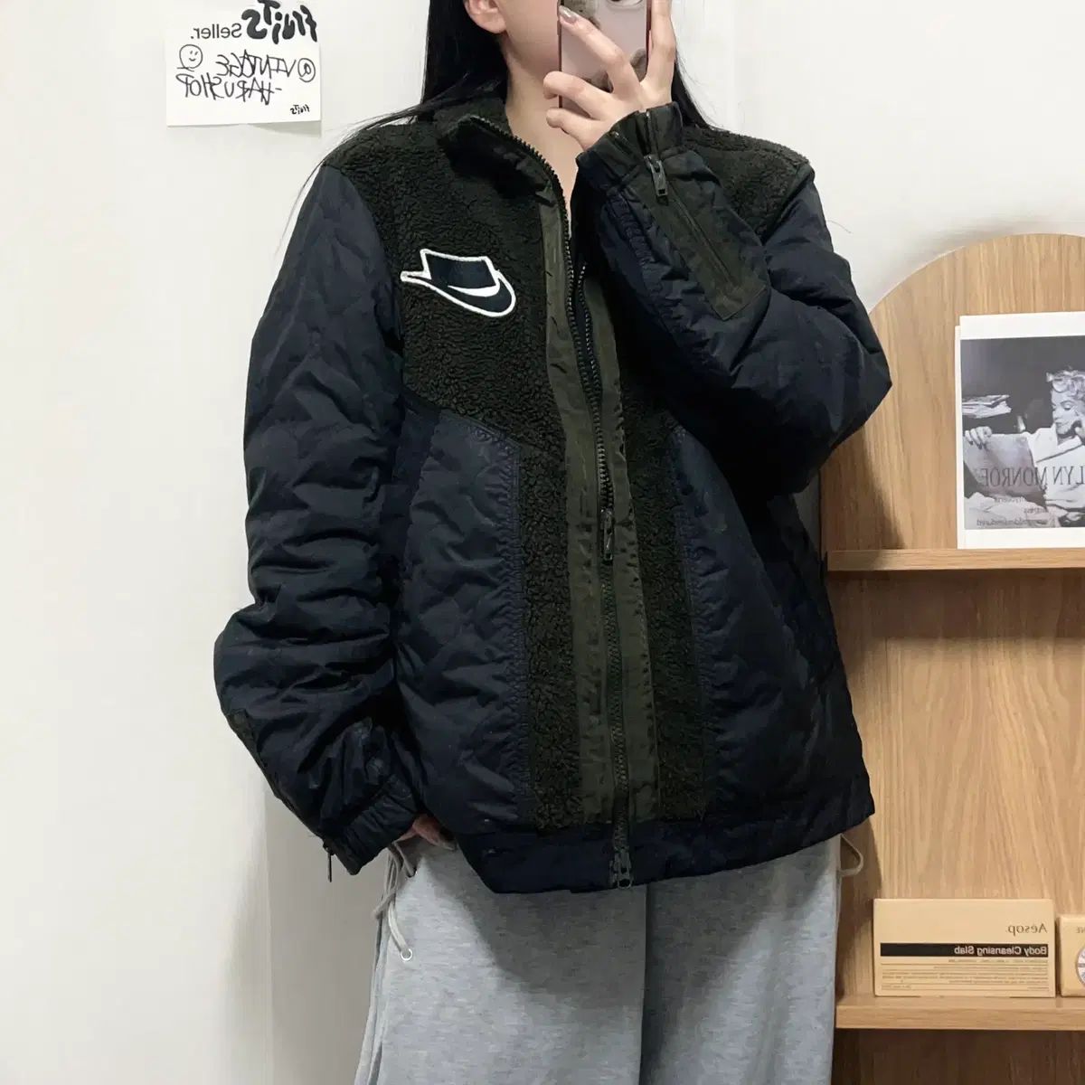 正規品 NIKE オリーブ ブラック フリース キルティング アウター L