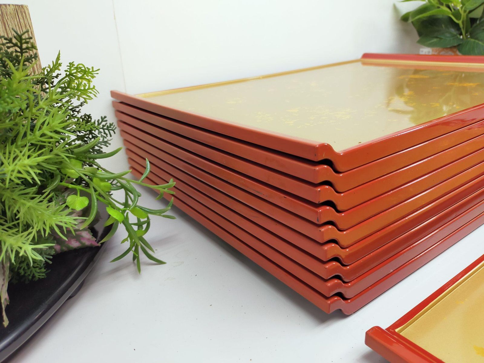 業務用 長手盆 10枚セット トレー 幅48x奥行34x高2.3cm 色紙金箔渕