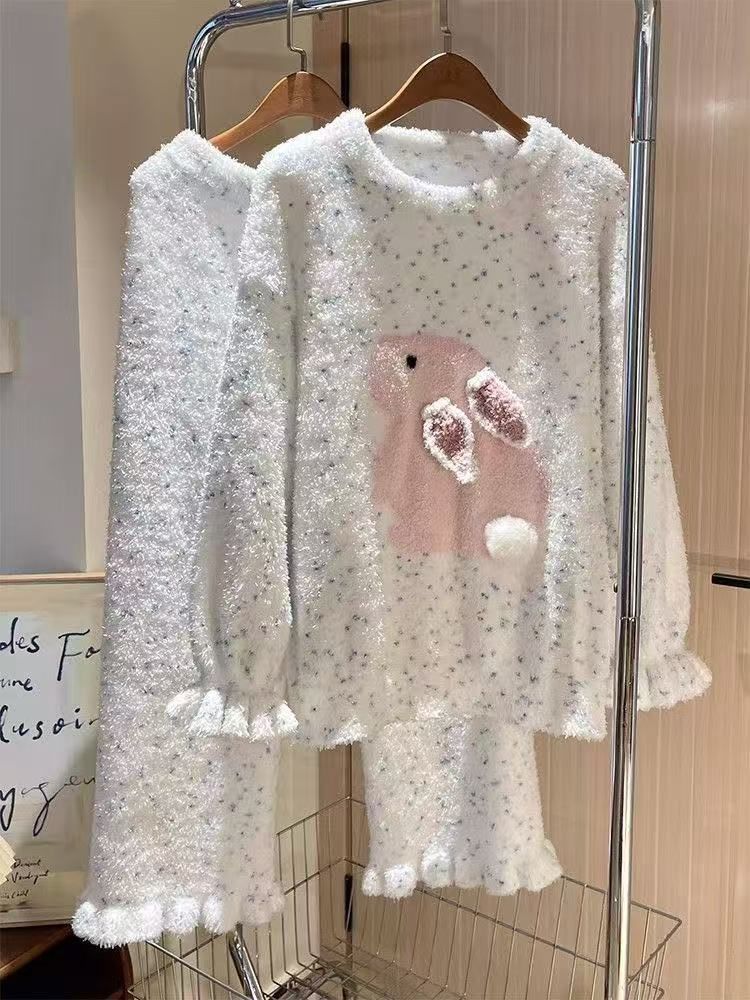 韓国風 ふわふわ うさぎ柄 ルームウェアセット レディース 冬用 裏起毛 ニット パジャマ 外出OK S〜3 XL