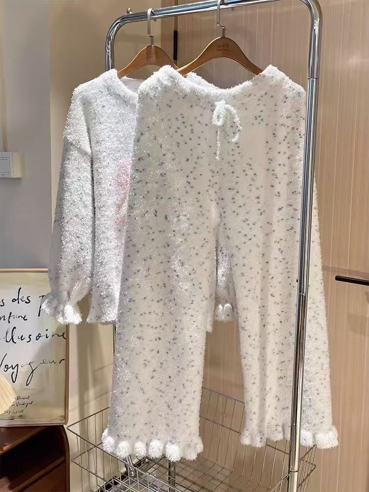  韓国風 ふわふわ うさぎ柄 ルームウェアセット レディース 冬用 裏起毛 ニット パジャマ 外出OK S〜3 XL その他 ルームウェア パジャマ