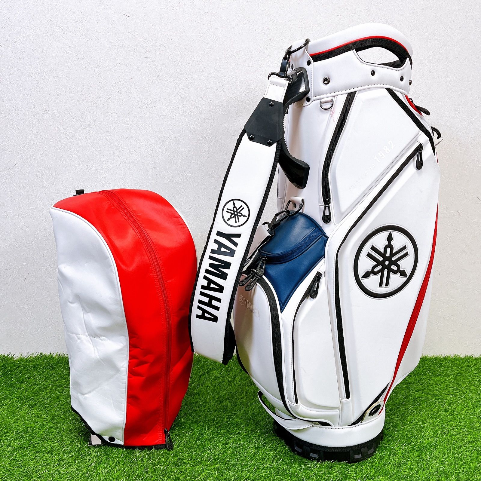 YAMAHA キャディバッグ 白×赤 ヘッドカバー付 ツアー系デザイン ゴルフ