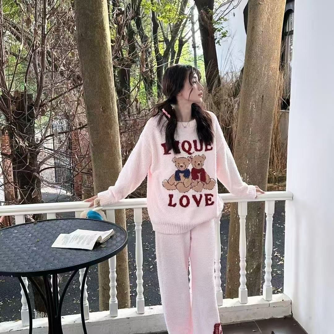 秋冬 ふわふわ 裏起毛 レディース ルームウェアセット カートゥーン ダブルベア パジャマ フリーサイズ