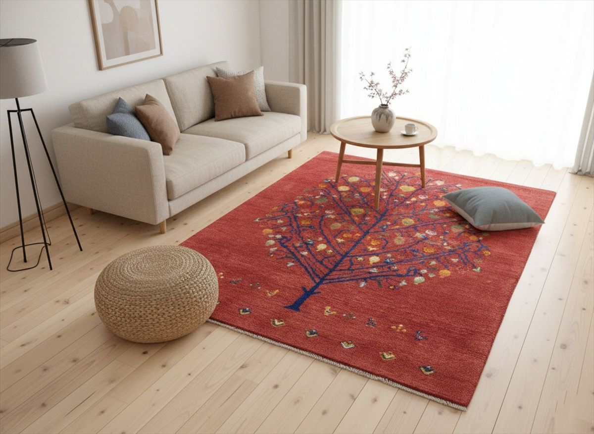 ペルシャ ギャッベ リビング ラグ 197x152cm ザクロの木 茜色 RJ11735