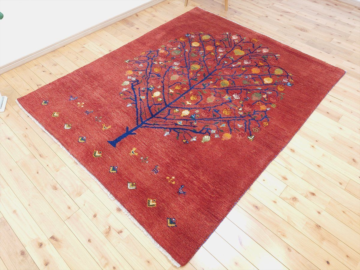 【夏のキャンペーン】ペルシャ　ギャッベ ハーフラグ　150×105 茜色　桃色 ペルシャ ギャッベ リビング ラグ 197x152cm ザクロの木 茜色 RJ11735