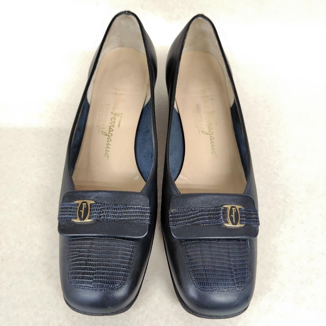 使用感少なめ フェラガモ パンプス 5C スクエア リザード チャンキー